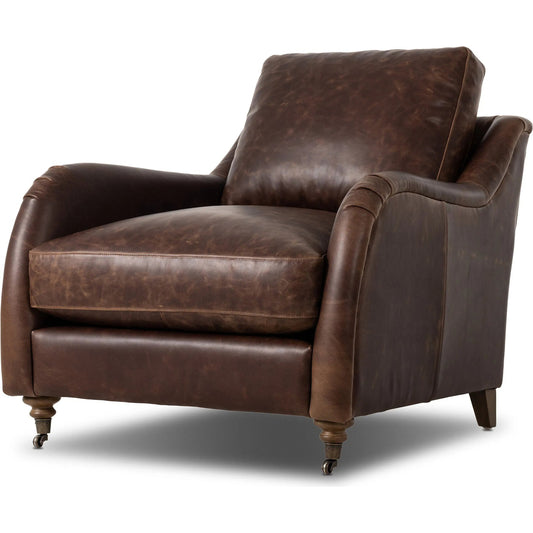 Lynne Chair by Four Hands in raleigh cigar, weathered sepia, brushed brass. Made from top grain leather, solid parawood, iron in a unique style.