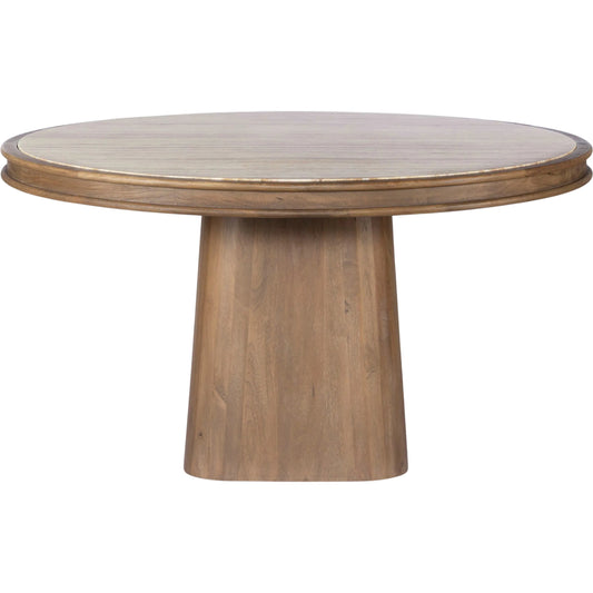 Bourne Dining Table by Four Hands in light beige travertine, warm mango solid. Made from solid travertine, solid mango in a unique style.