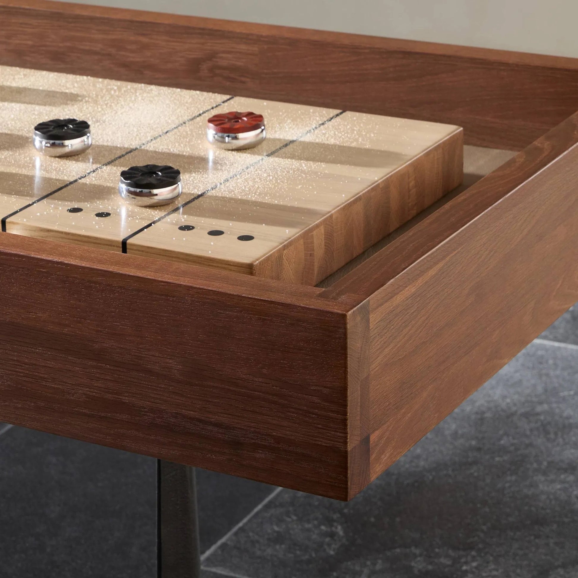 District Eight Large Shuffleboard Table by Four Hands. Made from solid oak, top grain leather, cast iron in a transitional style.