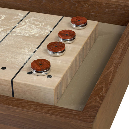 District Eight Large Shuffleboard Table by Four Hands. Made from solid oak, top grain leather, cast iron in a transitional style.
