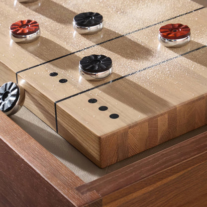 District Eight Large Shuffleboard Table by Four Hands. Made from solid oak, top grain leather, cast iron in a transitional style.
