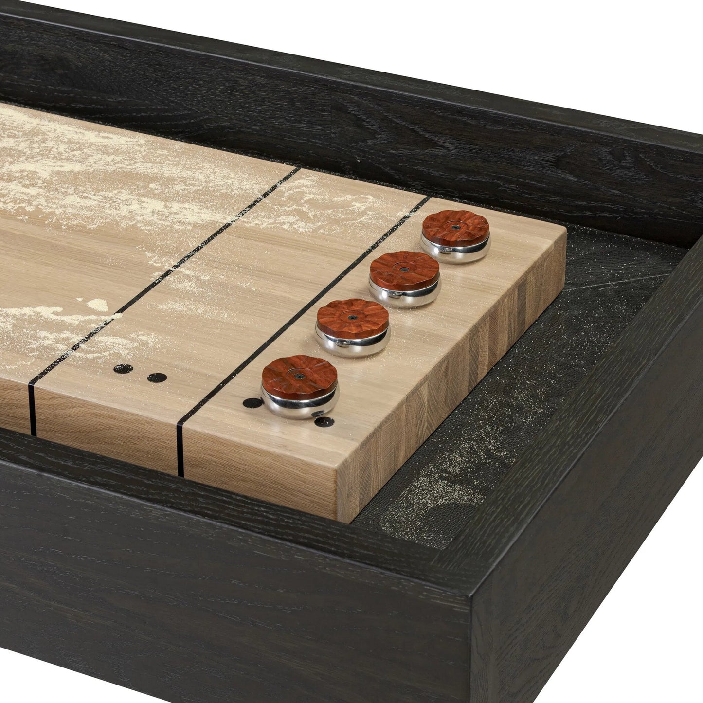 012 SI-2377046 | Closeup | District Eight Large Shuffleboard Table by Four Hands. Made from solid oak, top grain leather, cast iron in a transitional style.