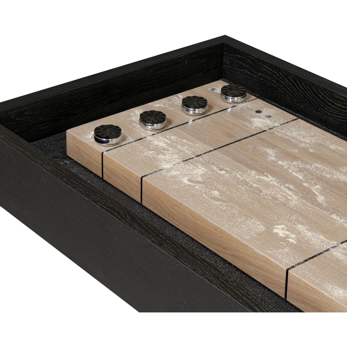 015 SI-2377046 | Closeup | District Eight Large Shuffleboard Table by Four Hands. Made from solid oak, top grain leather, cast iron in a transitional style.