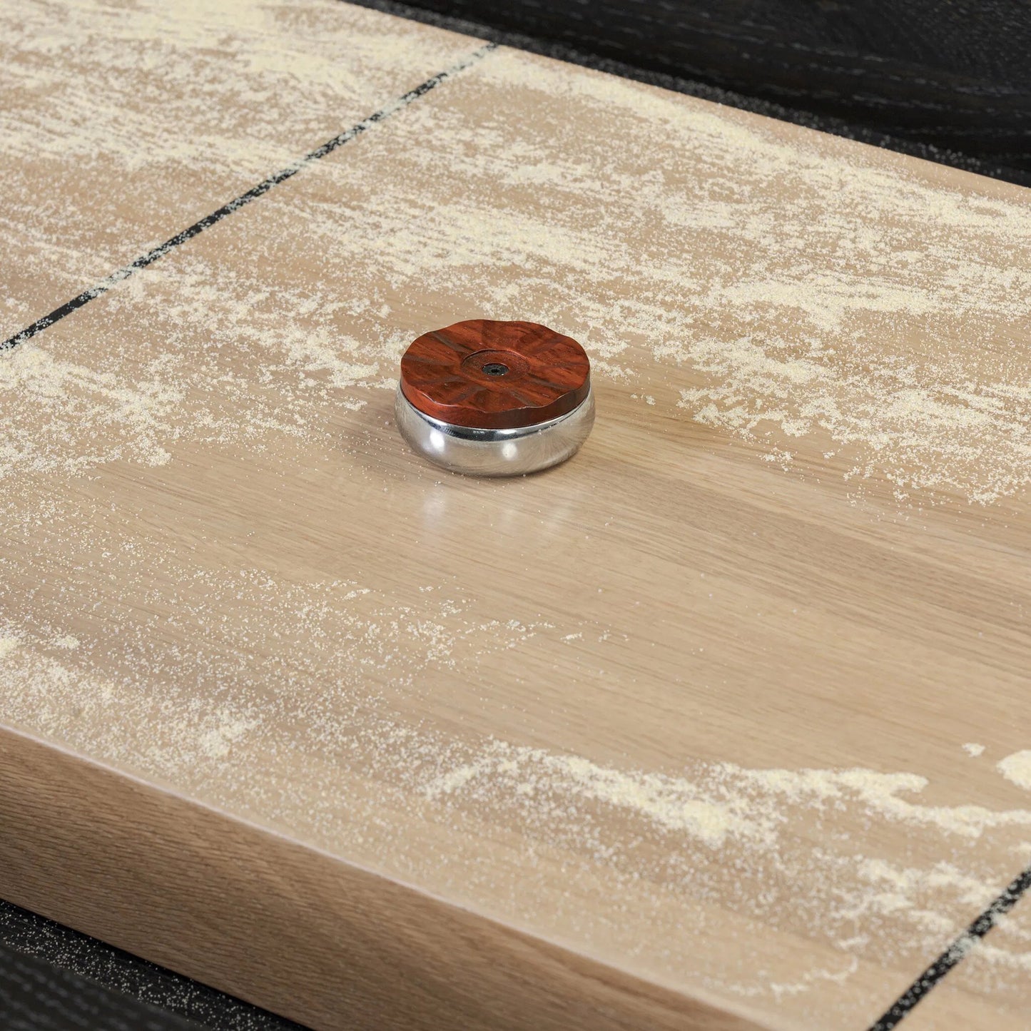 016 SI-2377046 | Closeup | District Eight Large Shuffleboard Table by Four Hands. Made from solid oak, top grain leather, cast iron in a transitional style.