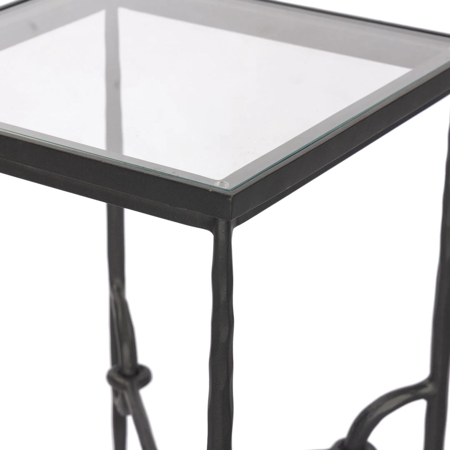 003 SI-2446513 | Closeup | Babylon Small End Table by Four Hands in tempered glass, hammered gunmetal. Made from tempered glass, iron in a modern style.