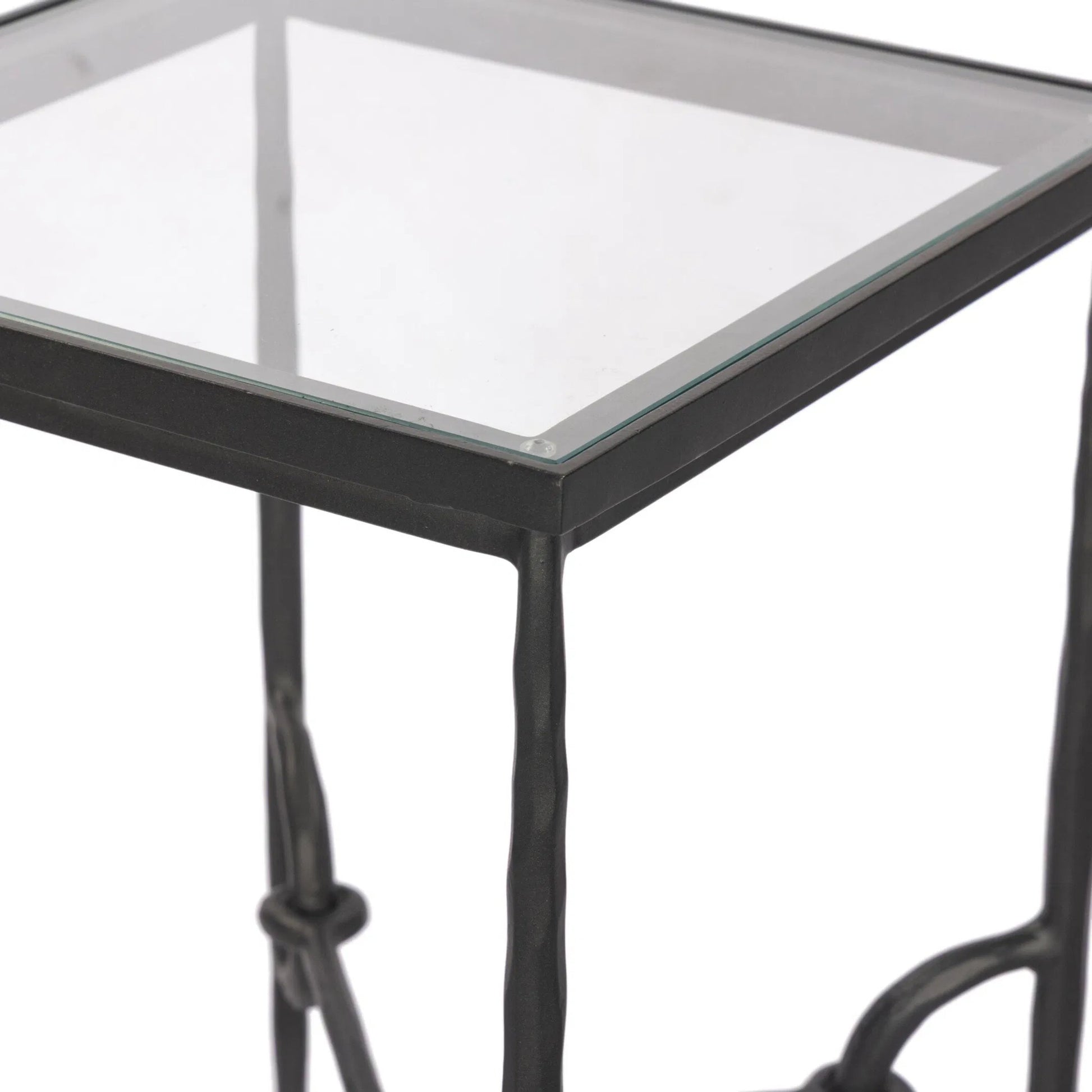 Babylon Small End Table by Four Hands in tempered glass, hammered gunmetal. Made from tempered glass, iron in a modern style.