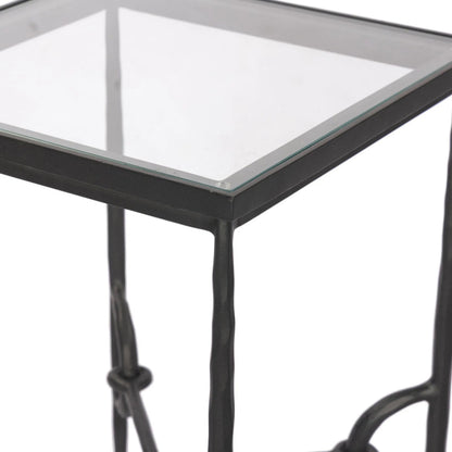 Babylon Small End Table by Four Hands in tempered glass, hammered gunmetal. Made from tempered glass, iron in a modern style.
