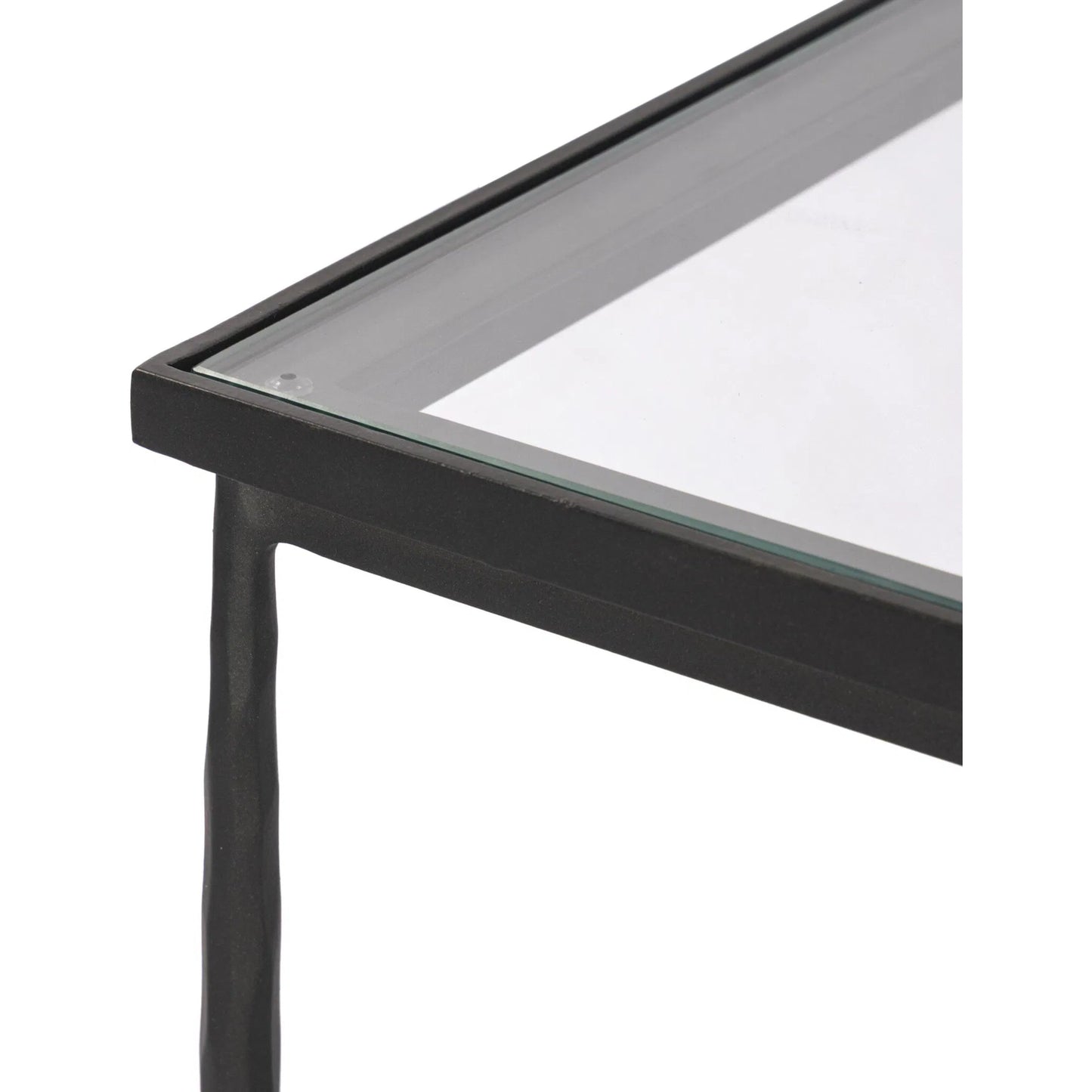 004 SI-2446513 | Closeup | Babylon Small End Table by Four Hands in tempered glass, hammered gunmetal. Made from tempered glass, iron in a modern style.