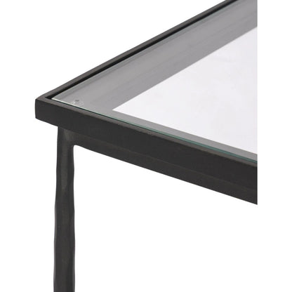 Babylon Small End Table by Four Hands in tempered glass, hammered gunmetal. Made from tempered glass, iron in a modern style.