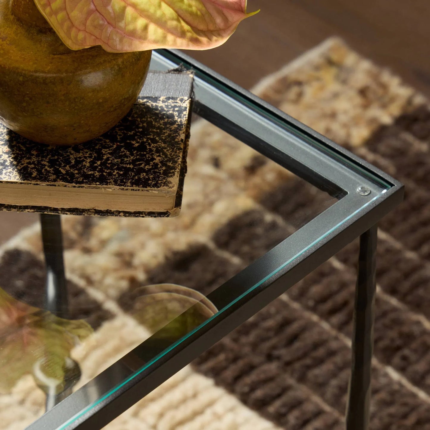 006 SI-2446513 | Closeup | Babylon Small End Table by Four Hands in tempered glass, hammered gunmetal. Made from tempered glass, iron in a modern style.