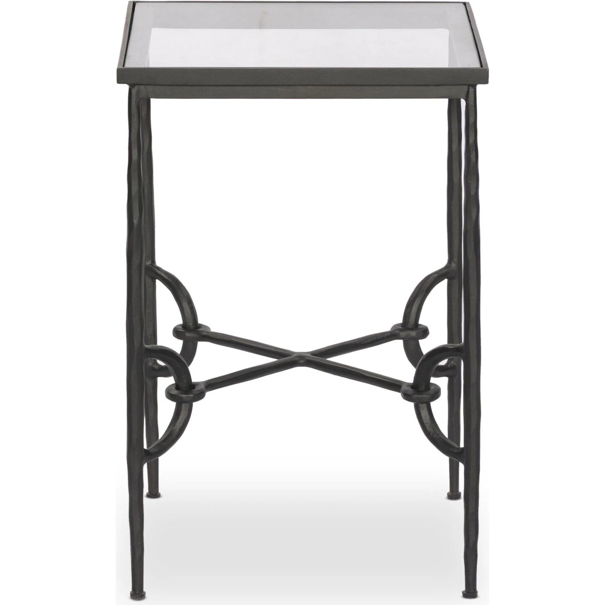 Babylon Small End Table by Four Hands in tempered glass, hammered gunmetal. Made from tempered glass, iron in a modern style.