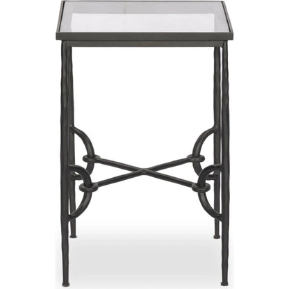 Babylon Small End Table by Four Hands in tempered glass, hammered gunmetal. Made from tempered glass, iron in a modern style.