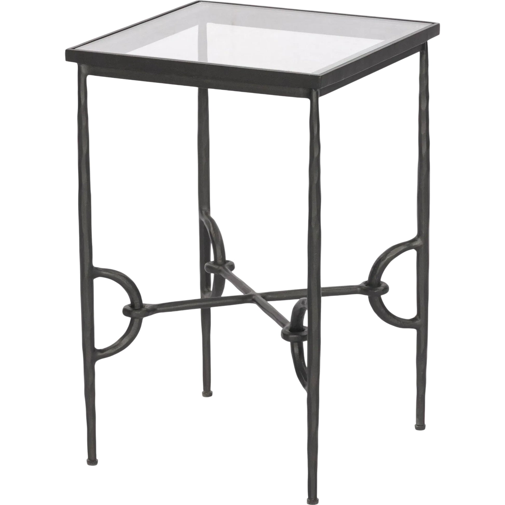 Babylon Small End Table by Four Hands in tempered glass, hammered gunmetal. Made from tempered glass, iron in a modern style.