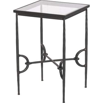 Babylon Small End Table by Four Hands in tempered glass, hammered gunmetal. Made from tempered glass, iron in a modern style.