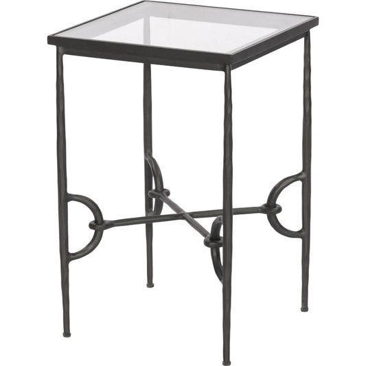 Babylon Small End Table by Four Hands in tempered glass, hammered gunmetal. Made from tempered glass, iron in a unique style.