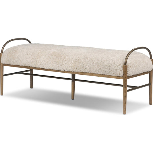 Demi Accent Bench by Four Hands in beige shearling, amber ash, brushed brass. Made from shearling, solid ash, iron in a transitional style.