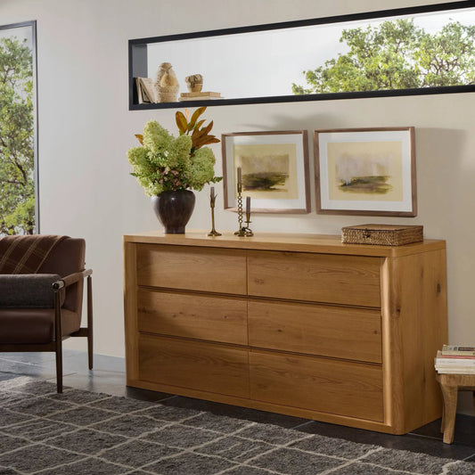 Novella 6 Drawer Dresser by Four Hands in natural oak veneer thick random. Made from thick oak veneer in a unique style.
