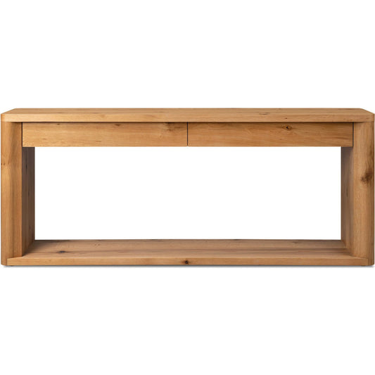 Novella Console Table by Four Hands in natural oak veneer thick random. Made from thick oak veneer in a unique style.