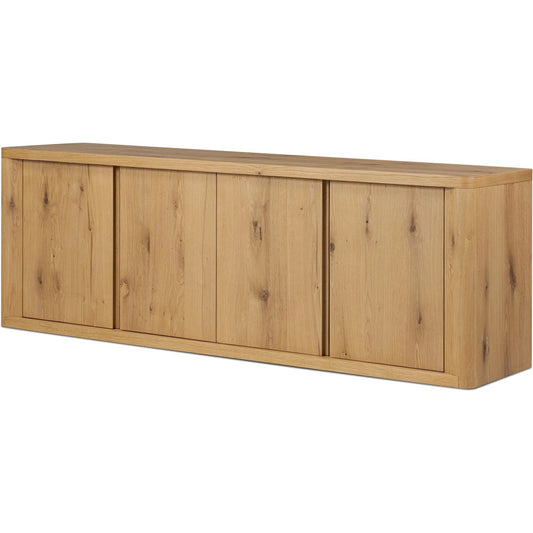 Novella Media Console by Four Hands in natural oak veneer thick random. Made from thick oak veneer in a unique style.