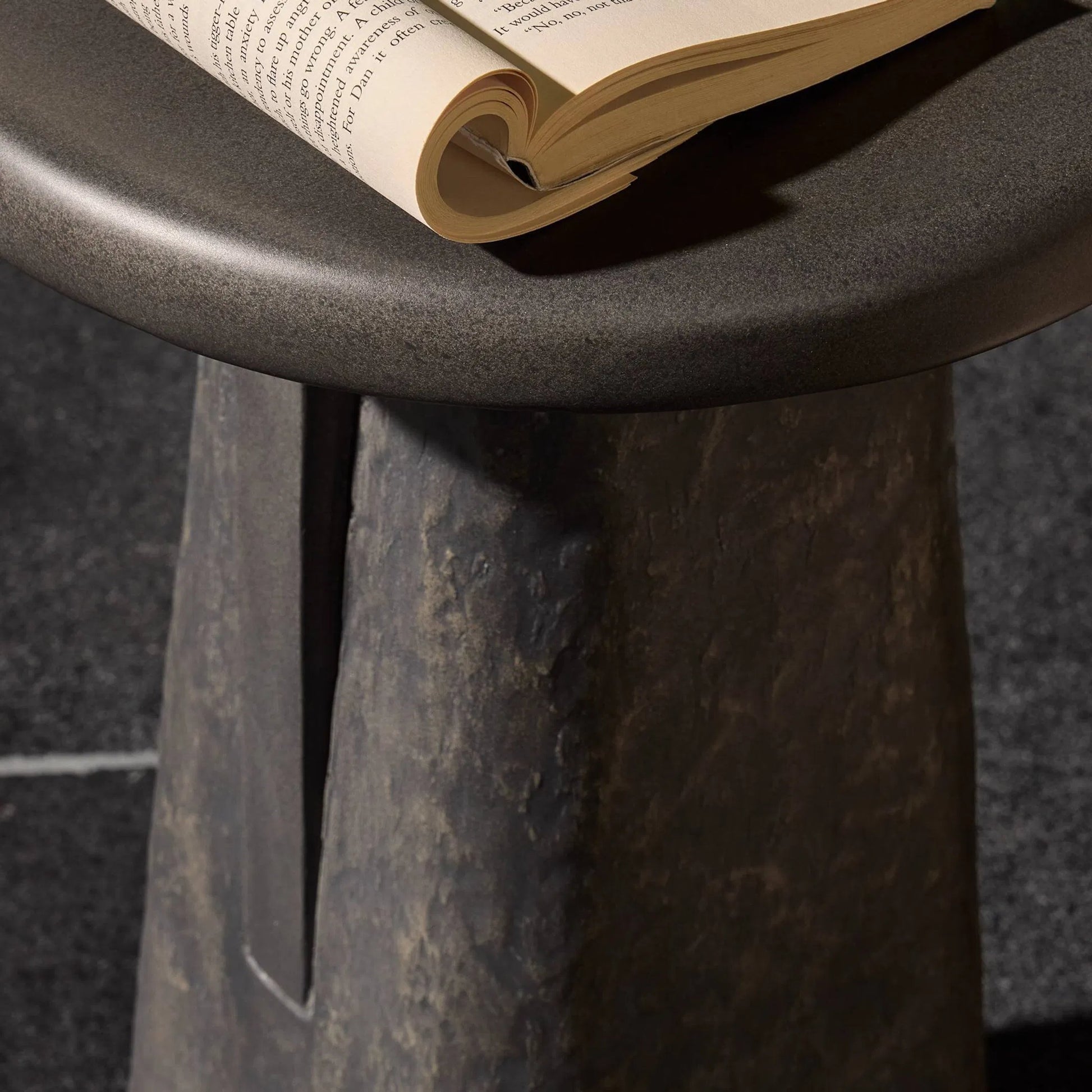 Daro Outdoor End Table by Four Hands in charcoal concrete, textured black concrete. Made from solid concrete in a unique style.