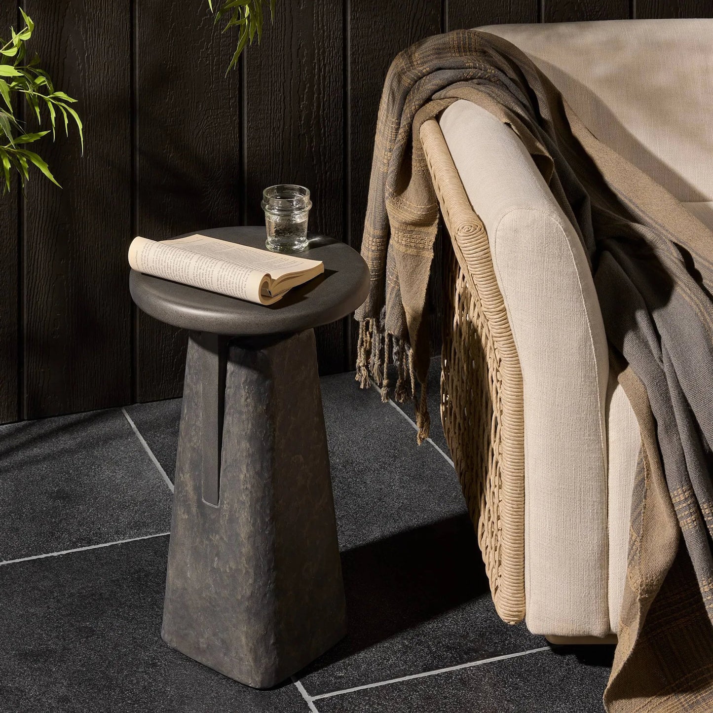 010 SI-2531612 | Lifestyle | Daro Outdoor End Table by Four Hands in charcoal concrete, textured black concrete. Made from solid concrete in a unique style.
