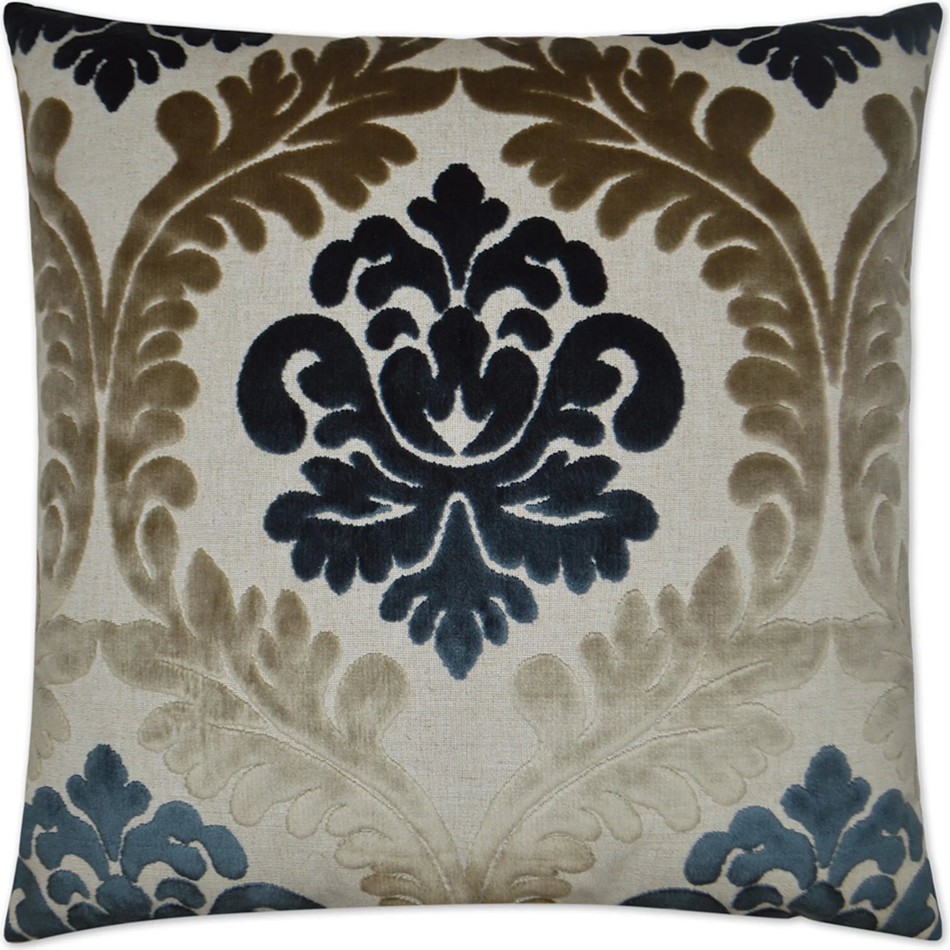 Madeleine Pillow by DV Kap Home in gold, blue. Made from 35% polyester, 24% viscose, 22% acrylic, 19% linen in a traditional style.
