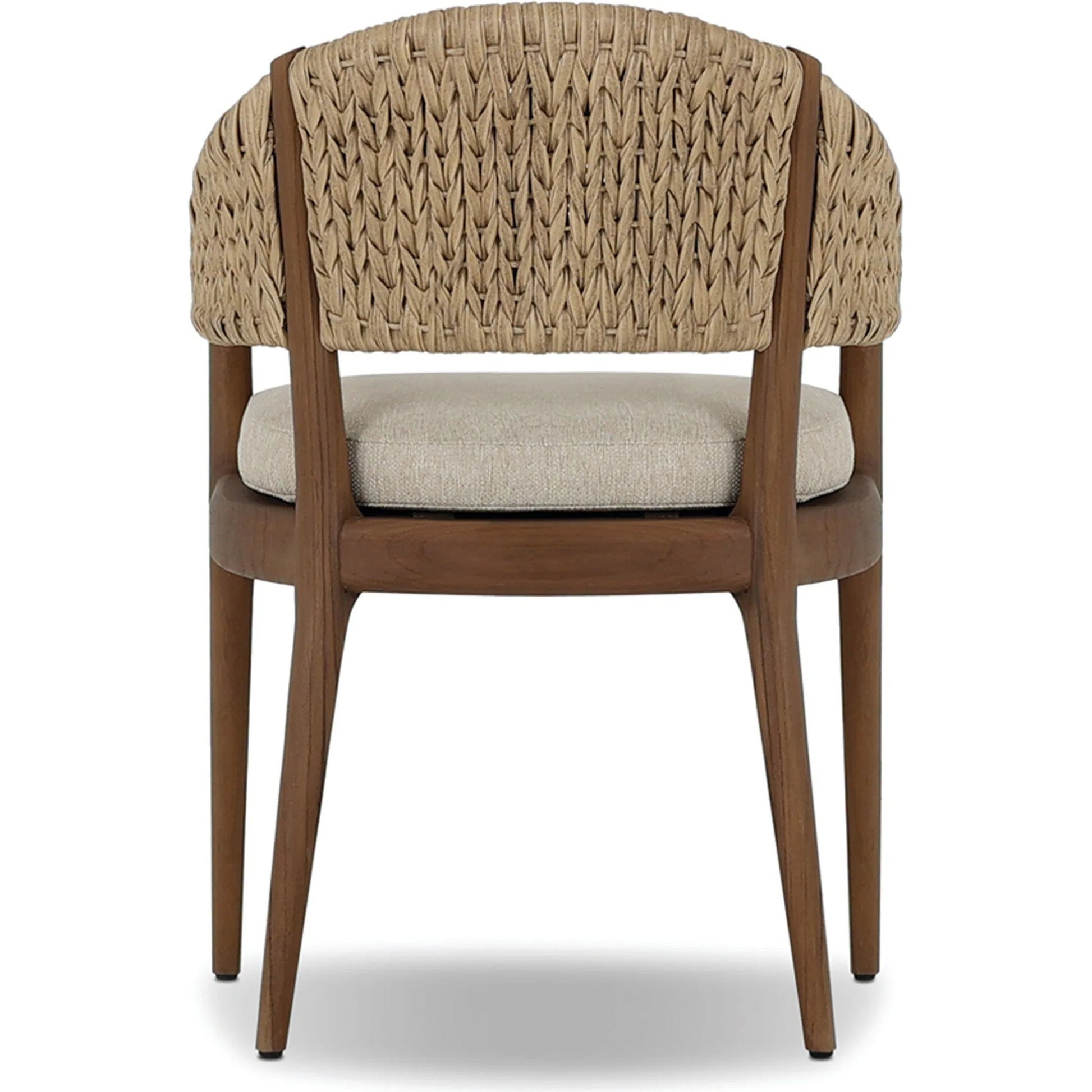 Atwood Outdoor Dining Armchair by Four Hands in ellor beige, stained toasted brown-fsc, coastal weave. Made from 100% olefin, solid fsc®-certified teak, 100% polyethylene in a unique style.