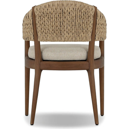 Atwood Outdoor Dining Armchair by Four Hands in ellor beige, stained toasted brown-fsc, coastal weave. Made from 100% olefin, solid fsc®-certified teak, 100% polyethylene in a unique style.