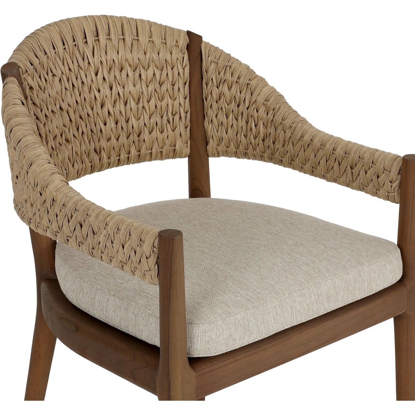 006 SI-2531588 | Closeup | Atwood Outdoor Dining Armchair by Four Hands in ellor beige, stained toasted brown-fsc, coastal weave. Made from 100% olefin, solid fsc®-certified teak, 100% polyethylene in a unique style.