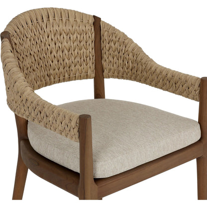 Atwood Outdoor Dining Armchair by Four Hands in ellor beige, stained toasted brown-fsc, coastal weave. Made from 100% olefin, solid fsc®-certified teak, 100% polyethylene in a unique style.