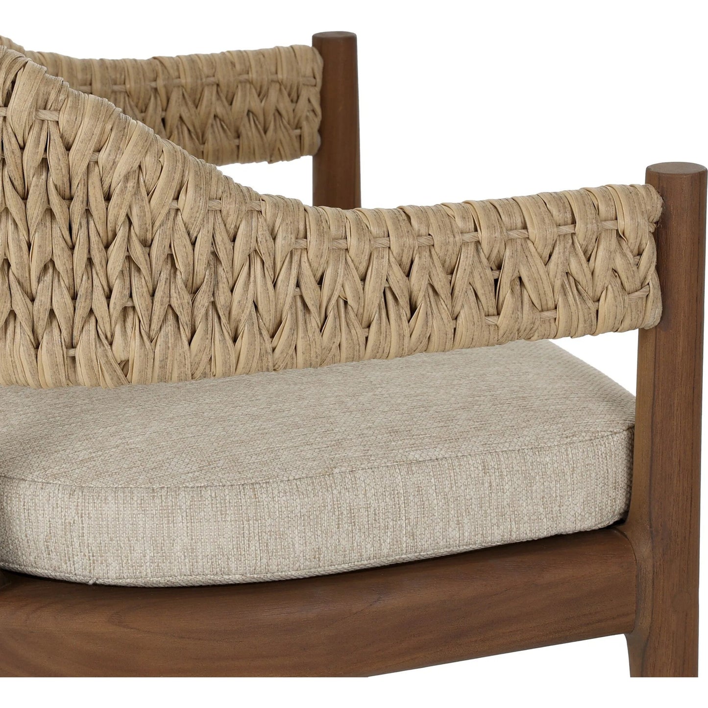 008 SI-2531588 | Closeup | Atwood Outdoor Dining Armchair by Four Hands in ellor beige, stained toasted brown-fsc, coastal weave. Made from 100% olefin, solid fsc®-certified teak, 100% polyethylene in a unique style.