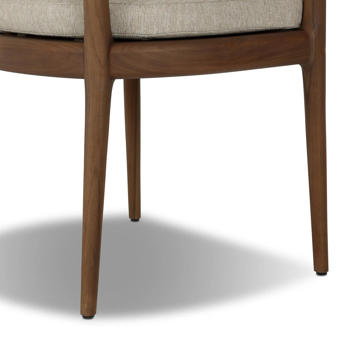 009 SI-2531588 | Closeup | Atwood Outdoor Dining Armchair by Four Hands in ellor beige, stained toasted brown-fsc, coastal weave. Made from 100% olefin, solid fsc®-certified teak, 100% polyethylene in a unique style.