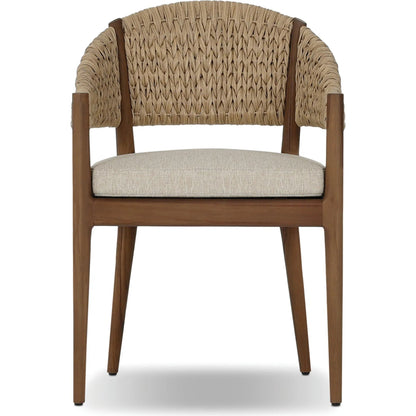 Atwood Outdoor Dining Armchair by Four Hands in ellor beige, stained toasted brown-fsc, coastal weave. Made from 100% olefin, solid fsc®-certified teak, 100% polyethylene in a unique style.