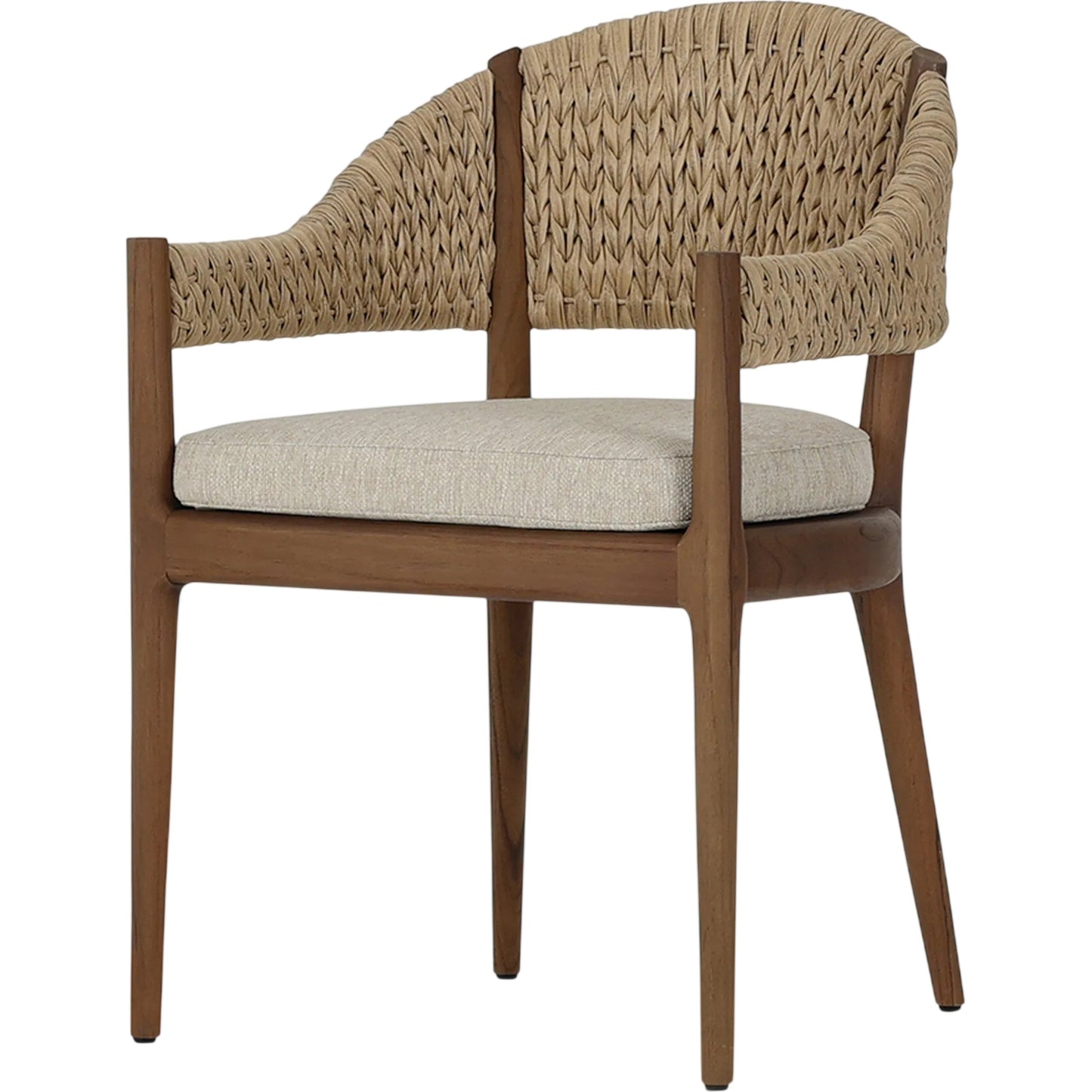 001 SI-2531588 | Primary Silo | Atwood Outdoor Dining Armchair by Four Hands in ellor beige, stained toasted brown-fsc, coastal weave. Made from 100% olefin, solid fsc®-certified teak, 100% polyethylene in a unique style.