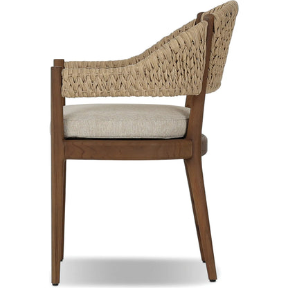 Atwood Outdoor Dining Armchair by Four Hands in ellor beige, stained toasted brown-fsc, coastal weave. Made from 100% olefin, solid fsc®-certified teak, 100% polyethylene in a unique style.