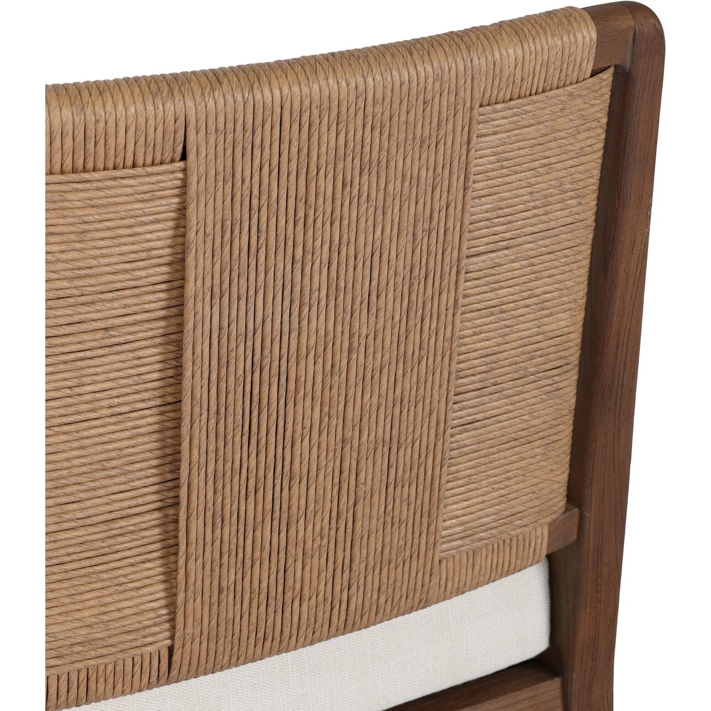 008 SI-2531686 | Closeup | Rothler Outdoor Dining Chair by Four Hands in vergo cream, stained toasted brown-fsc, textured sand. Made from 100% polyester, solid fsc®-certified teak, 100% polyethylene in a unique style.
