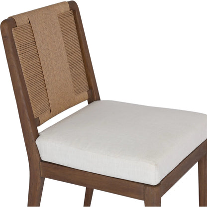 Rothler Outdoor Dining Chair by Four Hands in vergo cream, stained toasted brown-fsc, textured sand. Made from 100% polyester, solid fsc®-certified teak, 100% polyethylene in a unique style.