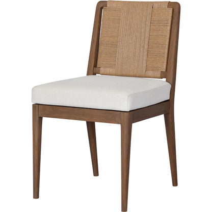 Rothler Outdoor Dining Chair by Four Hands in vergo cream, stained toasted brown-fsc, textured sand. Made from 100% polyester, solid fsc®-certified teak, 100% polyethylene in a unique style.