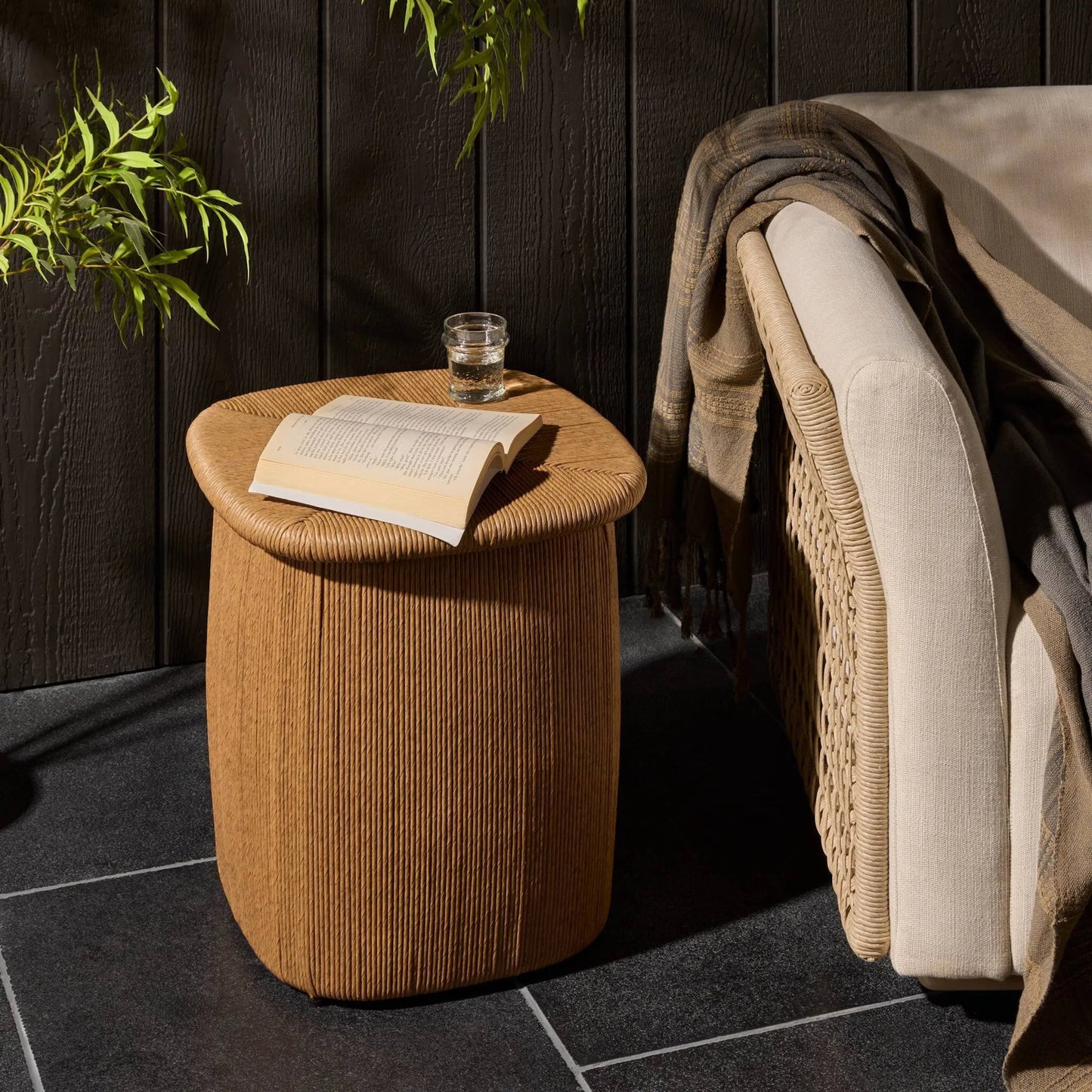 011 SI-2531712 | Lifestyle | Taum Outdoor Stool by Four Hands in textured sand. Made from 100% polyethylene in a unique style.