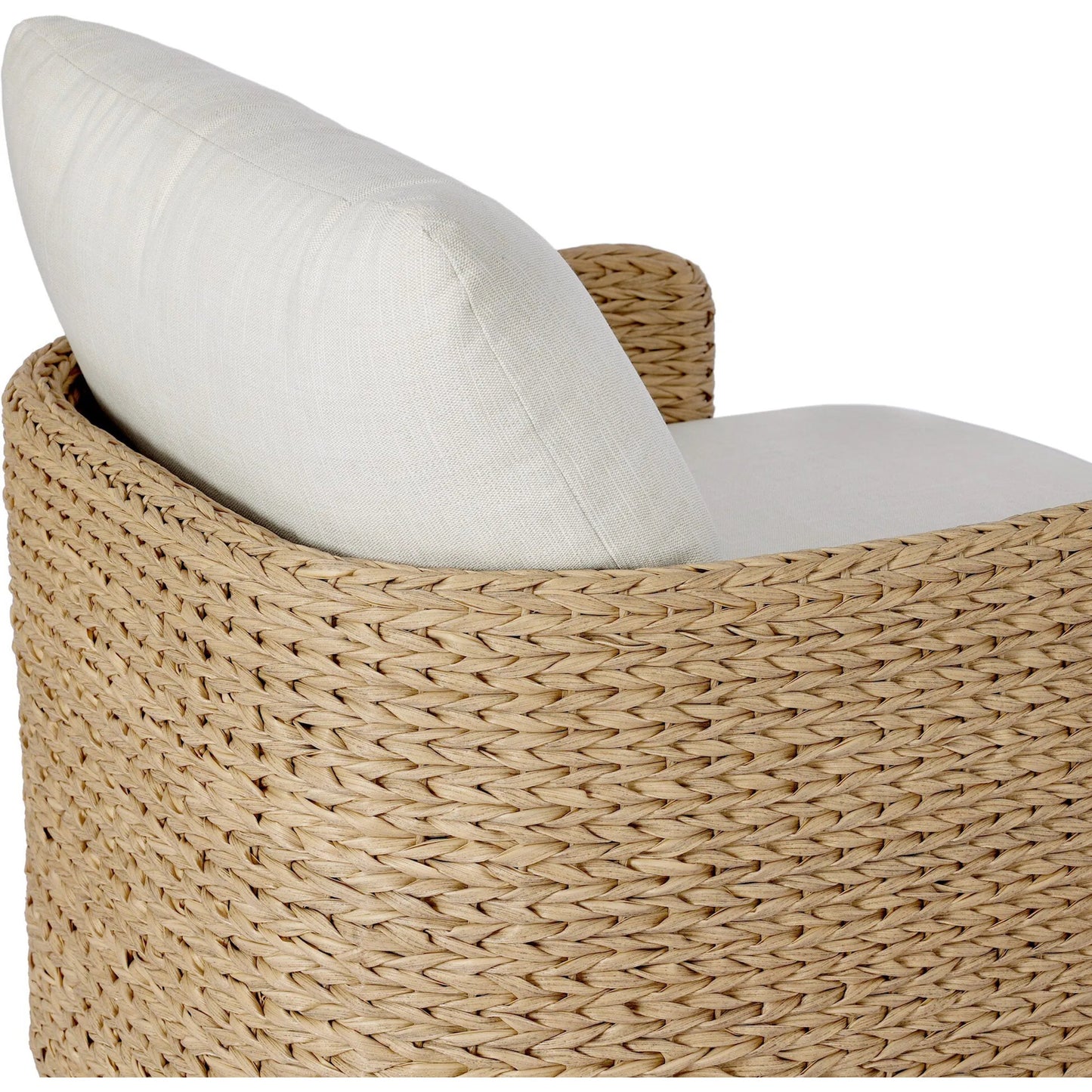 005 SI-2531601 | Closeup | Caney Outdoor Swivel Chair by Four Hands in coastal weave, vergo cream. Made from 100% polyethylene, 100% polyester in a rustic style.
