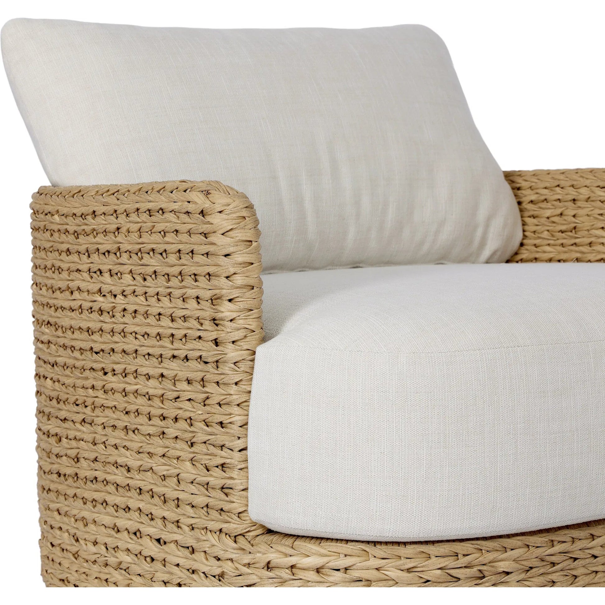 Caney Outdoor Swivel Chair by Four Hands in coastal weave, vergo cream. Made from 100% polyethylene, 100% polyester in a rustic style.