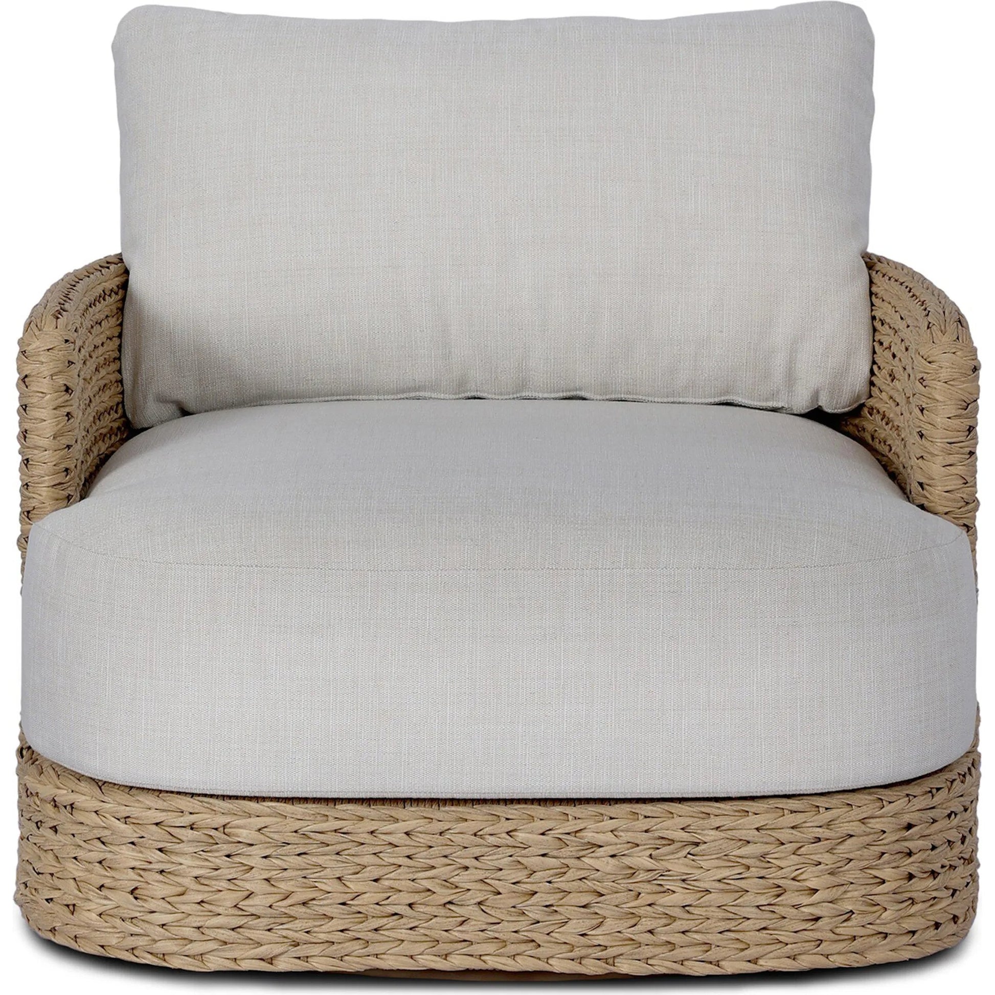 Caney Outdoor Swivel Chair by Four Hands in coastal weave, vergo cream. Made from 100% polyethylene, 100% polyester in a rustic style.