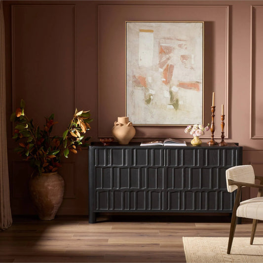 Ezri 4 Door Sideboard by Four Hands in black oak, black oak veneer. Made from solid oak, oak veneer in a transitional style.