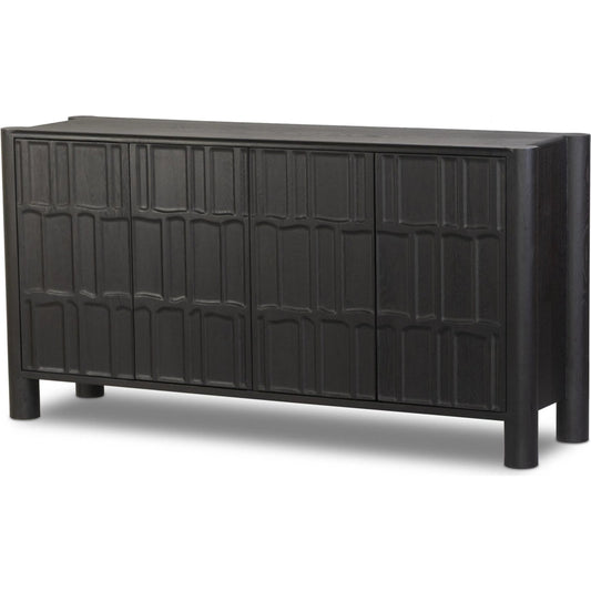Ezri 4 Door Sideboard by Four Hands in black oak, black oak veneer. Made from solid oak, oak veneer in a transitional style.