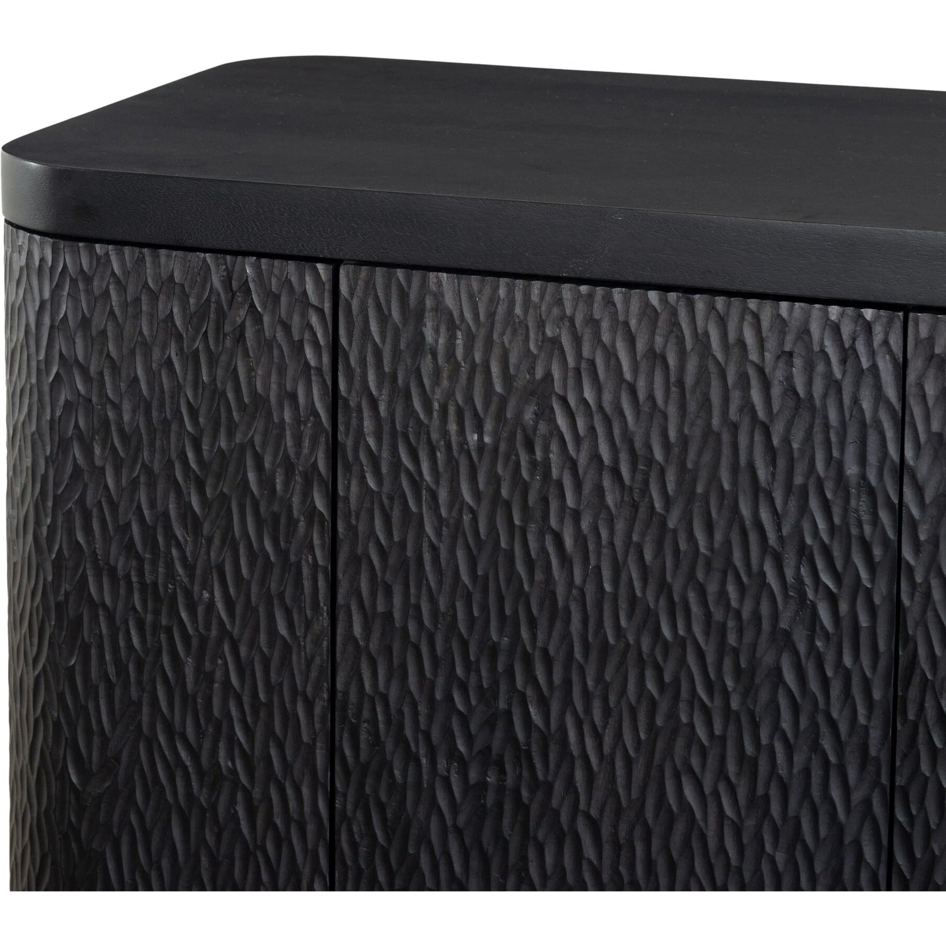 Shevall Sideboard by Four Hands in black wash, carved black mango. Made from solid mango in a unique style.