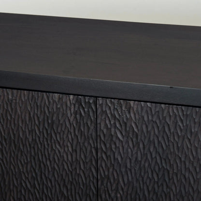 Shevall Sideboard by Four Hands in black wash, carved black mango. Made from solid mango in a unique style.