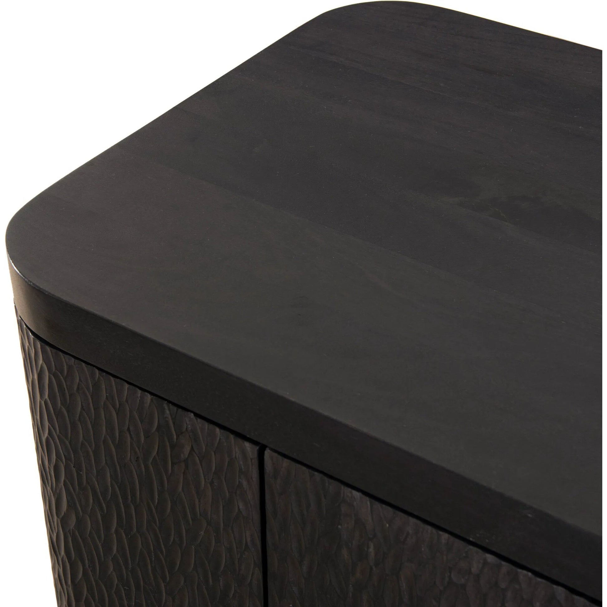 Shevall Sideboard by Four Hands in black wash, carved black mango. Made from solid mango in a unique style.
