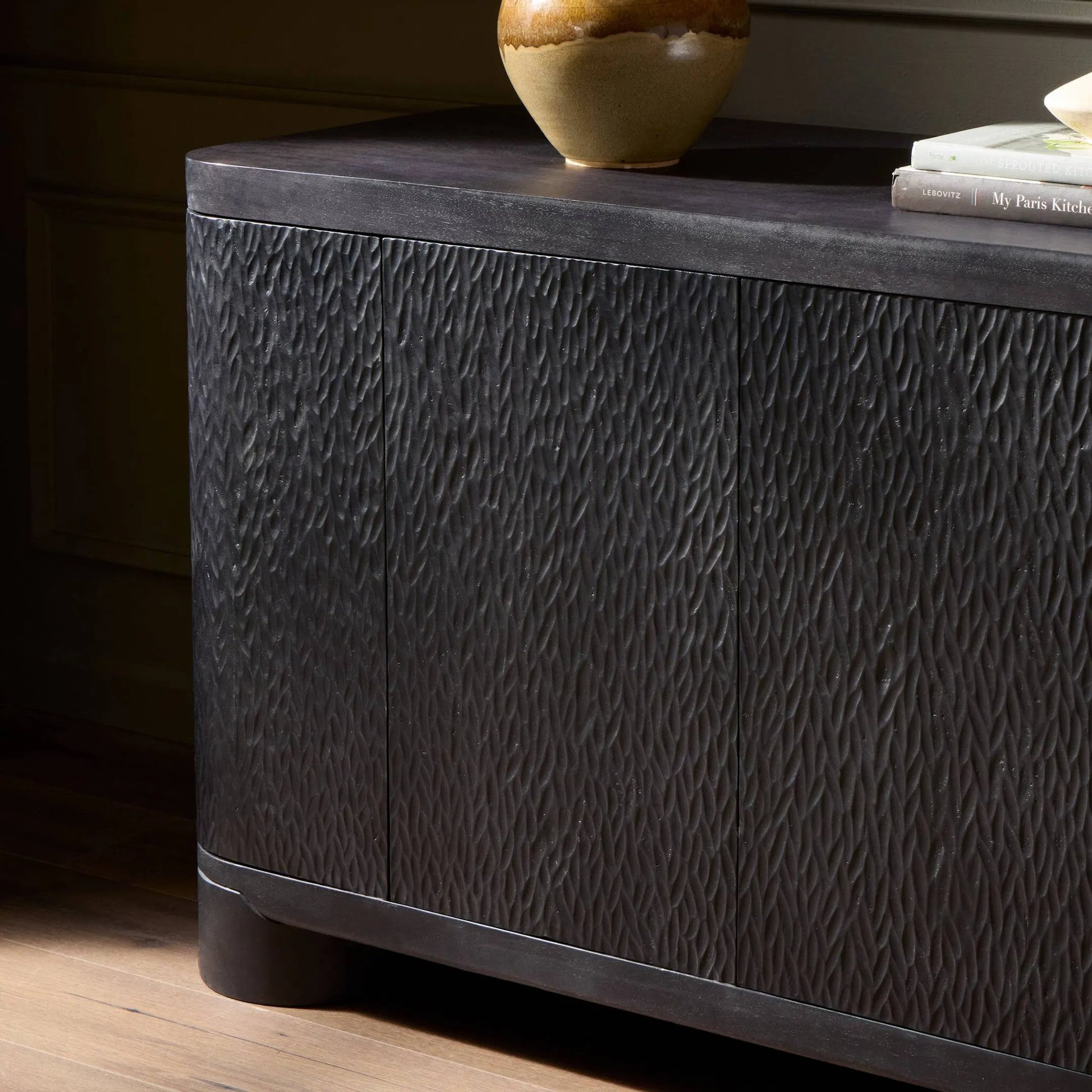 Shevall Sideboard by Four Hands in black wash, carved black mango. Made from solid mango in a unique style.