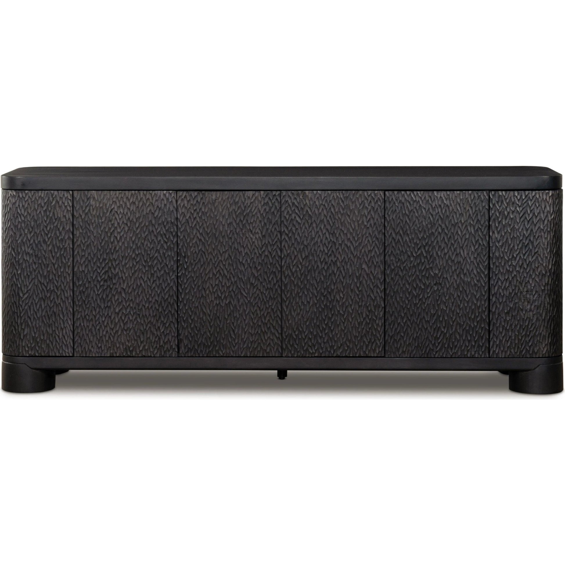 Shevall Sideboard by Four Hands in black wash, carved black mango. Made from solid mango in a unique style.
