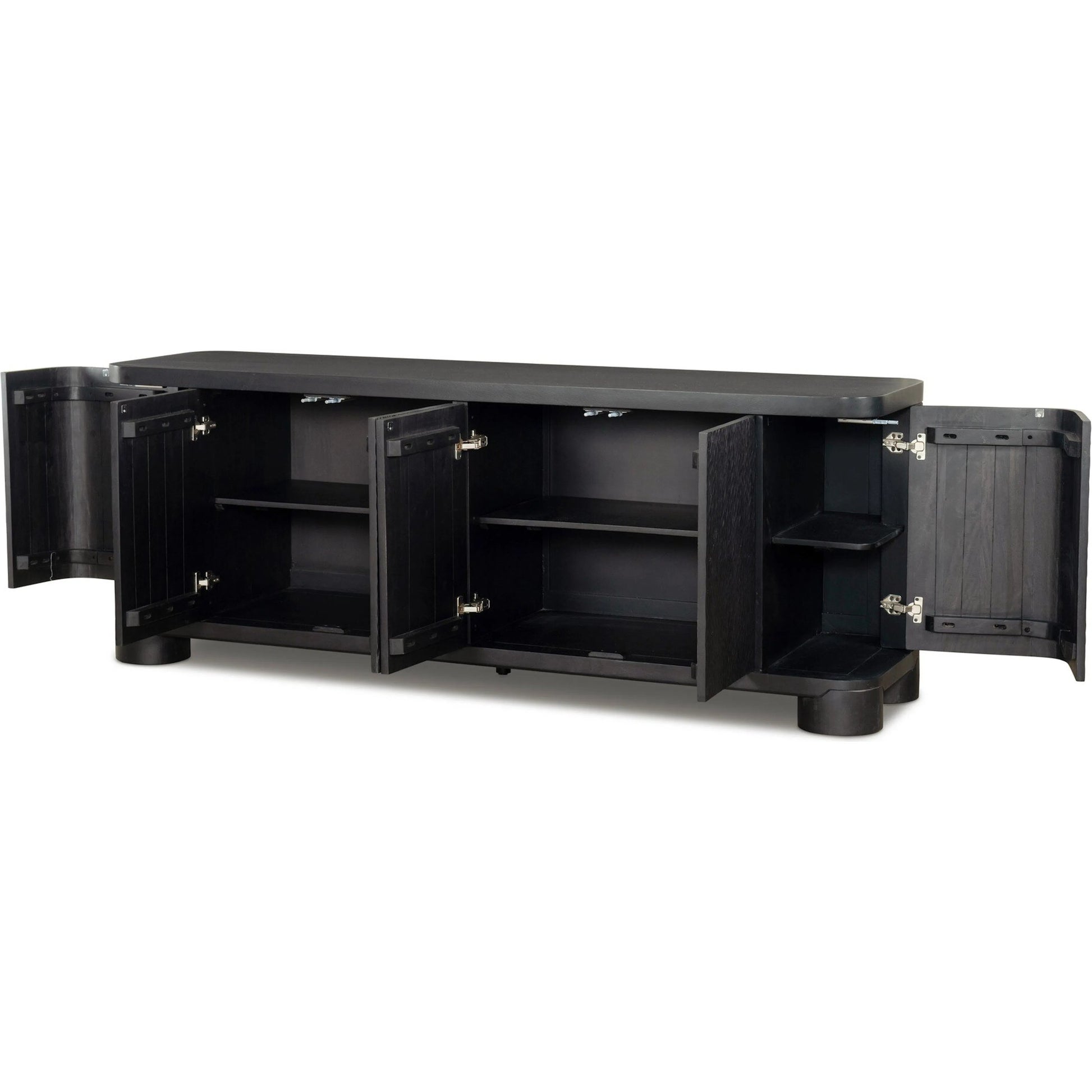 Shevall Sideboard by Four Hands in black wash, carved black mango. Made from solid mango in a unique style.